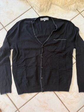 Neiman Marcus Cashmere Black Men's V-Neck Button Cardigan with Contrast Trim